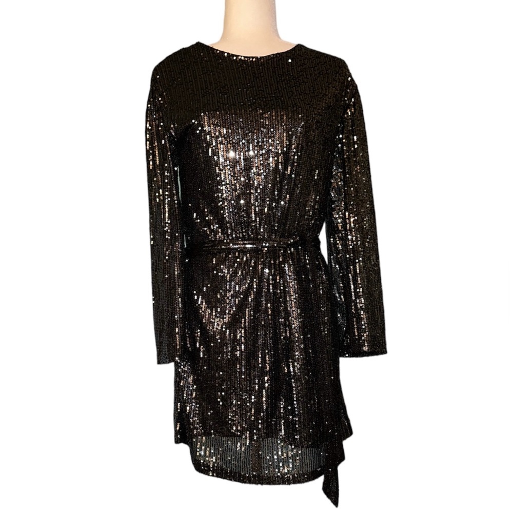 Black Sequin Dress S Tie Belt Long Sleeve